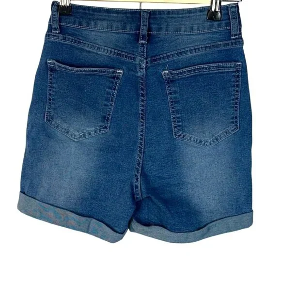 Distressed High Waisted Roll Cuffed Stretch Denim Blue Jean Shorts Women's Small - Picture 2 of 8